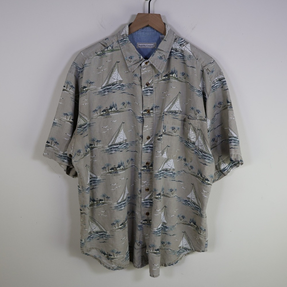 Vintage 90s Bugle Boy Nautical Sailboat Button Up Shirt XL Coastal Summer Tan XL